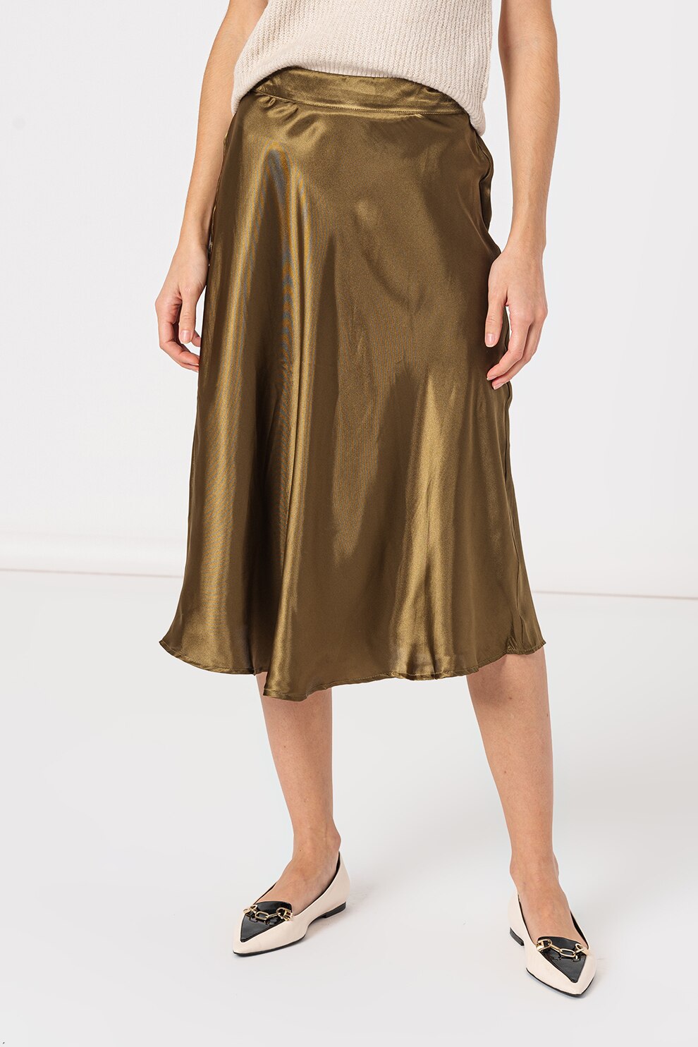 Vero Moda, Fusta midi evazata cu aspect satinat, Verde oliv