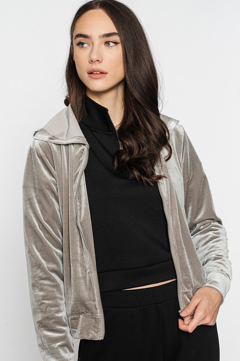 Vero Moda, Hanorac cu fermoar si aspect de catifea Dana, Gri