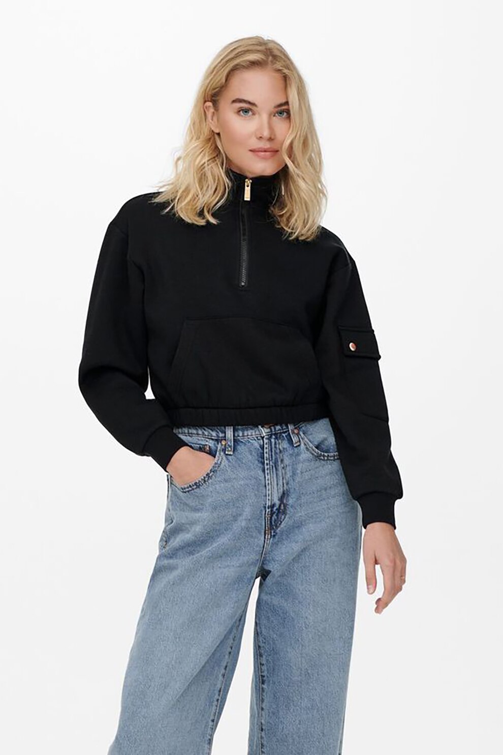Only, Bluza sport crop cu buzunar kangaroo, Negru