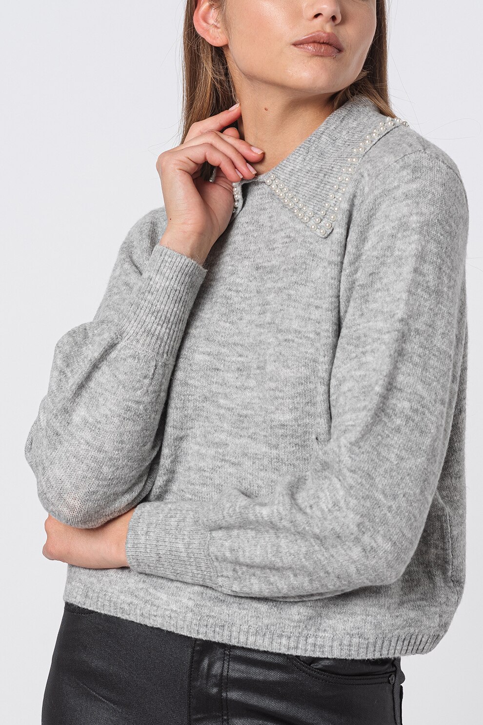 JdY, Pulover cu guler supradimensionat si aplicatii cu margele Aubray, Gri deschis melange