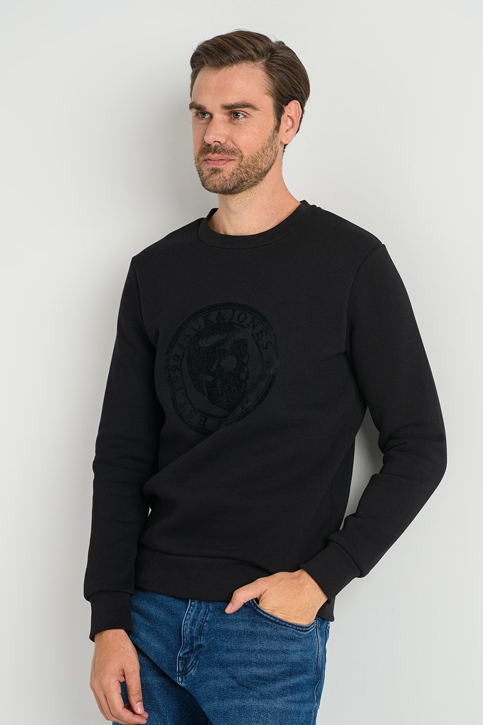 Jack&Jones, Bluza sport cu decolteu la baza gatului si aplicatie de fetru Cult, Negru