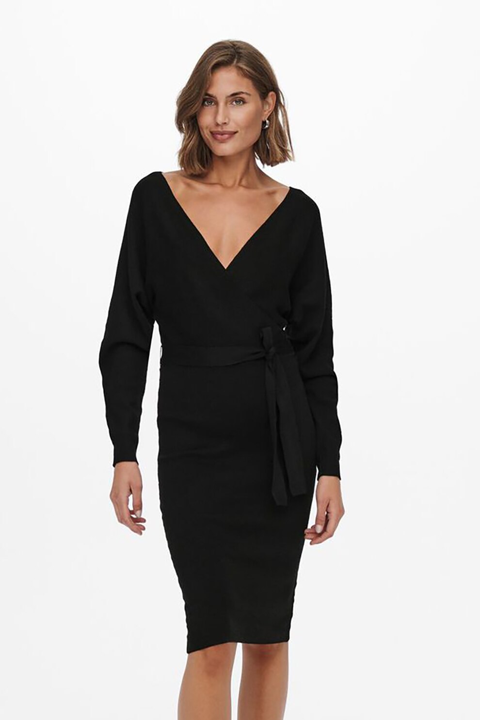 Only, Rochie tricotata cu cordon detasabil in talie, Negru