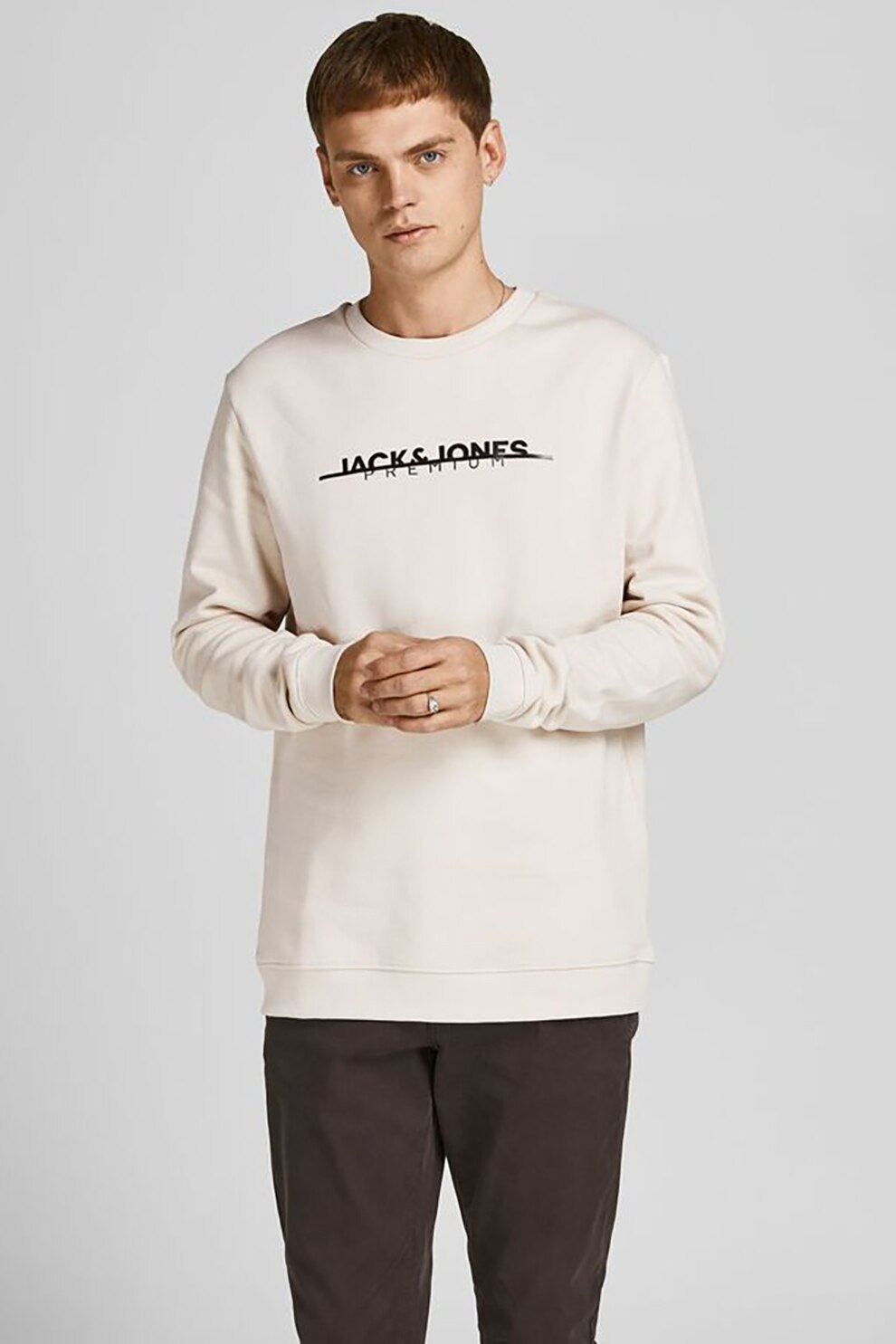 Jack&Jones, Bluza sport din bumbac cu imprimeu logo Bla, Alb prafuit
