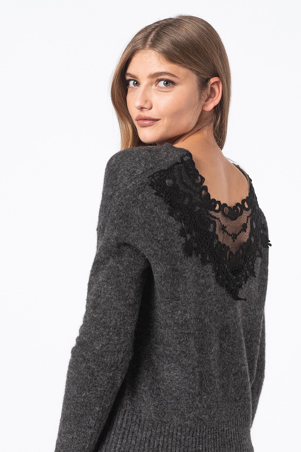Only, Pulover reversibil cu insertii din dantela Isolde, Gri inchis melange