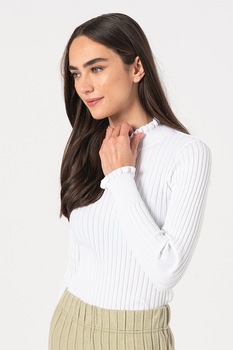 Only, Pulover tricotat fin cu volane Kelci, Alb optic Only, Pulover tricotat fin cu volane Kelci, Alb optic