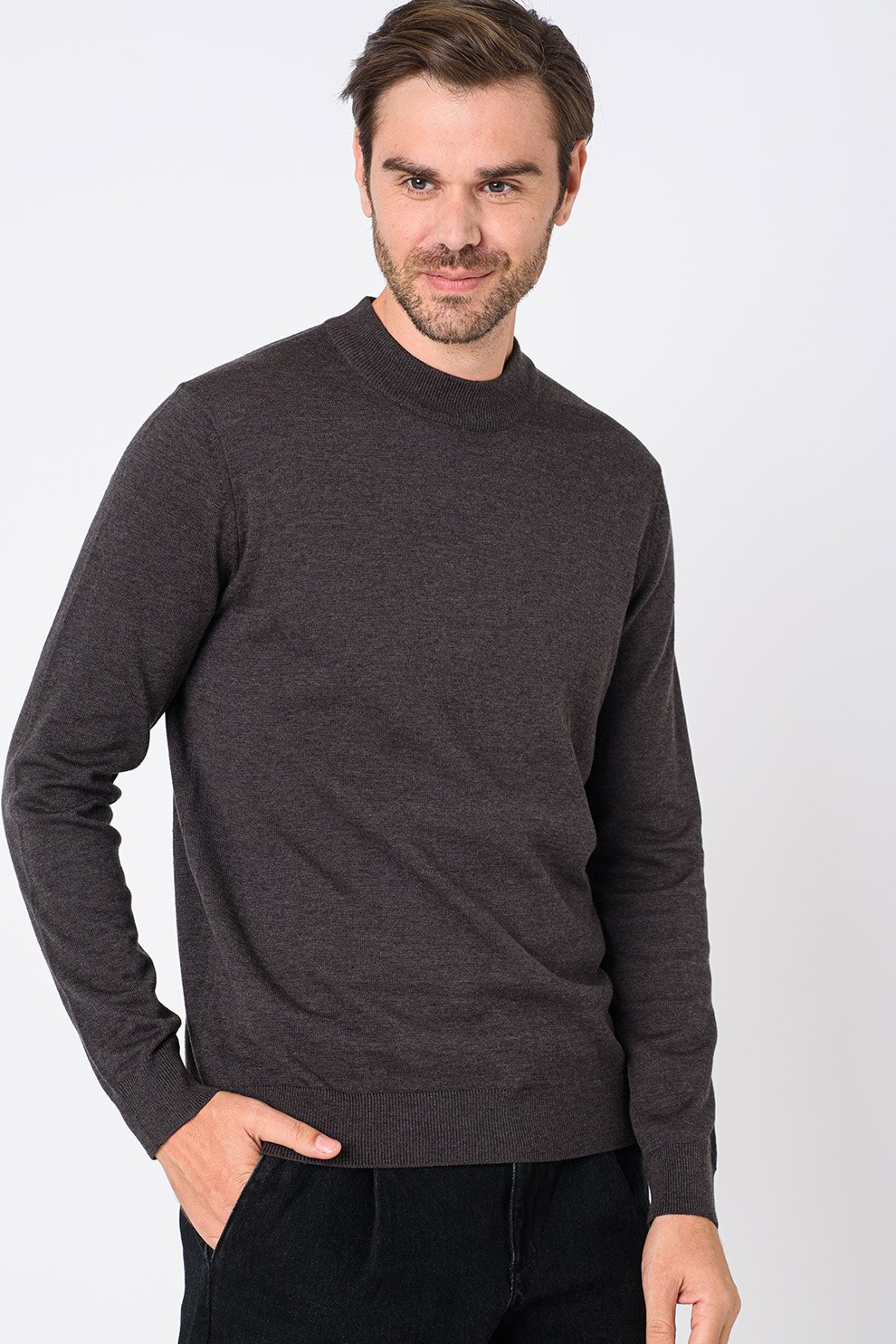 Selected Homme, Pulover tricotat fin cu guler scurt Brady, Gri inchis melange