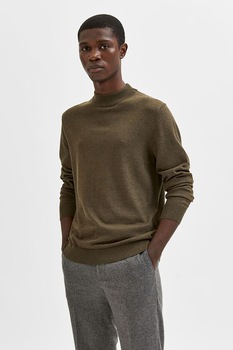 Selected Homme, Pulover tricotat fin cu guler scurt Brady, Verde feriga Selected Homme, Pulover tricotat fin cu guler scurt Brady, Verde feriga