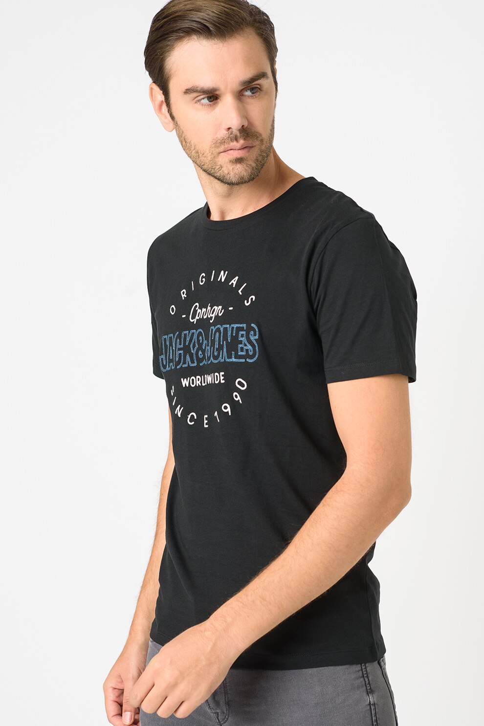 Jack&Jones, Tricou cu decolteu la baza gatului si logo Surface, Negru/Alb/Albastru lavanda