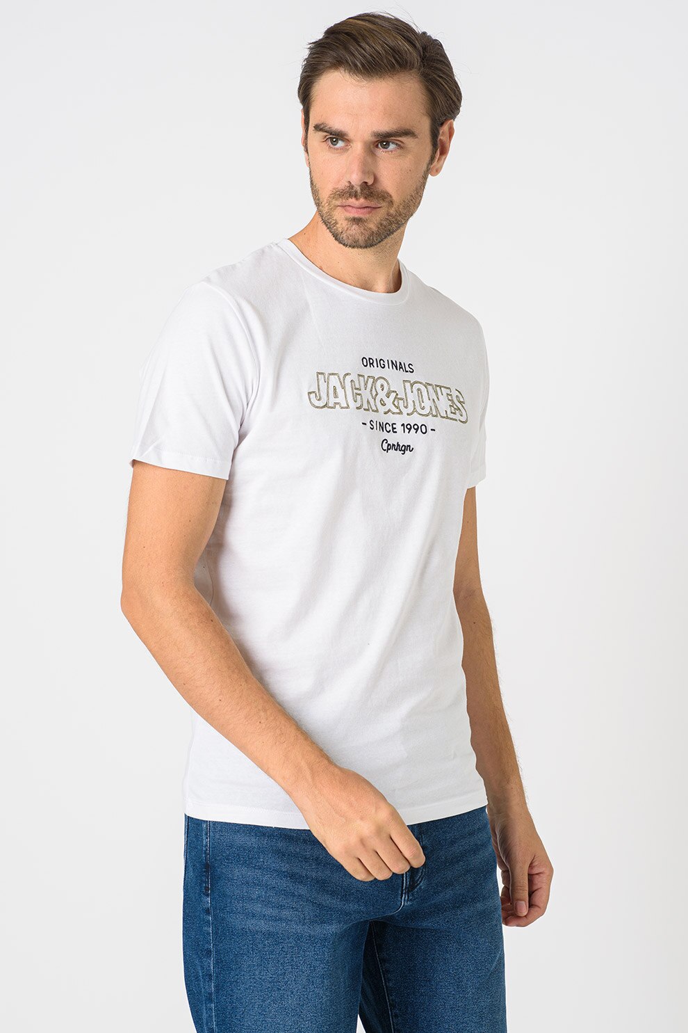 Jack&Jones, Tricou cu decolteu la baza gatului si logo Surface, Alb/Negru/Verde