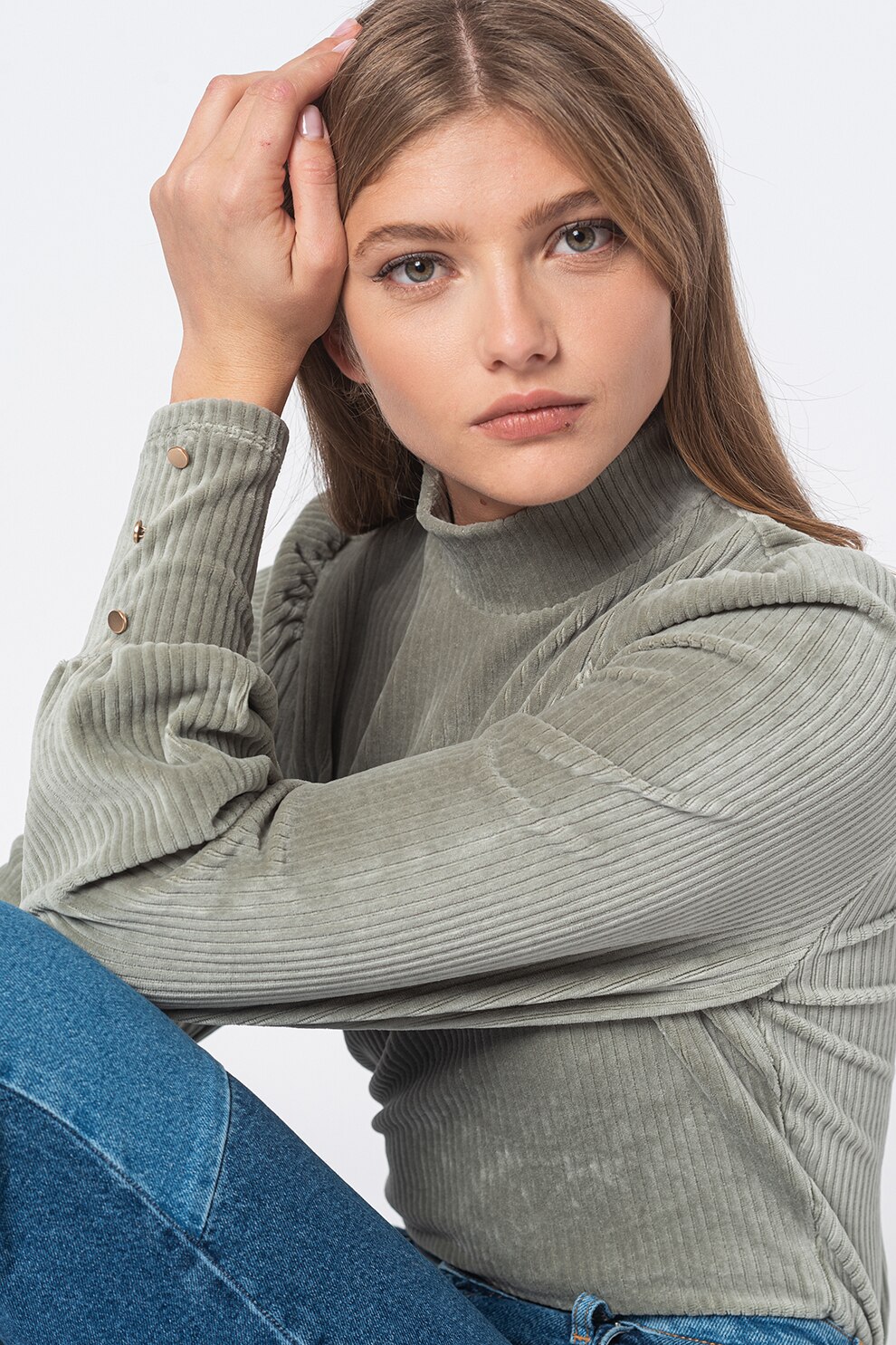 Only, Bluza cu striatii si maneci bufante Fenja, Verde menta, M