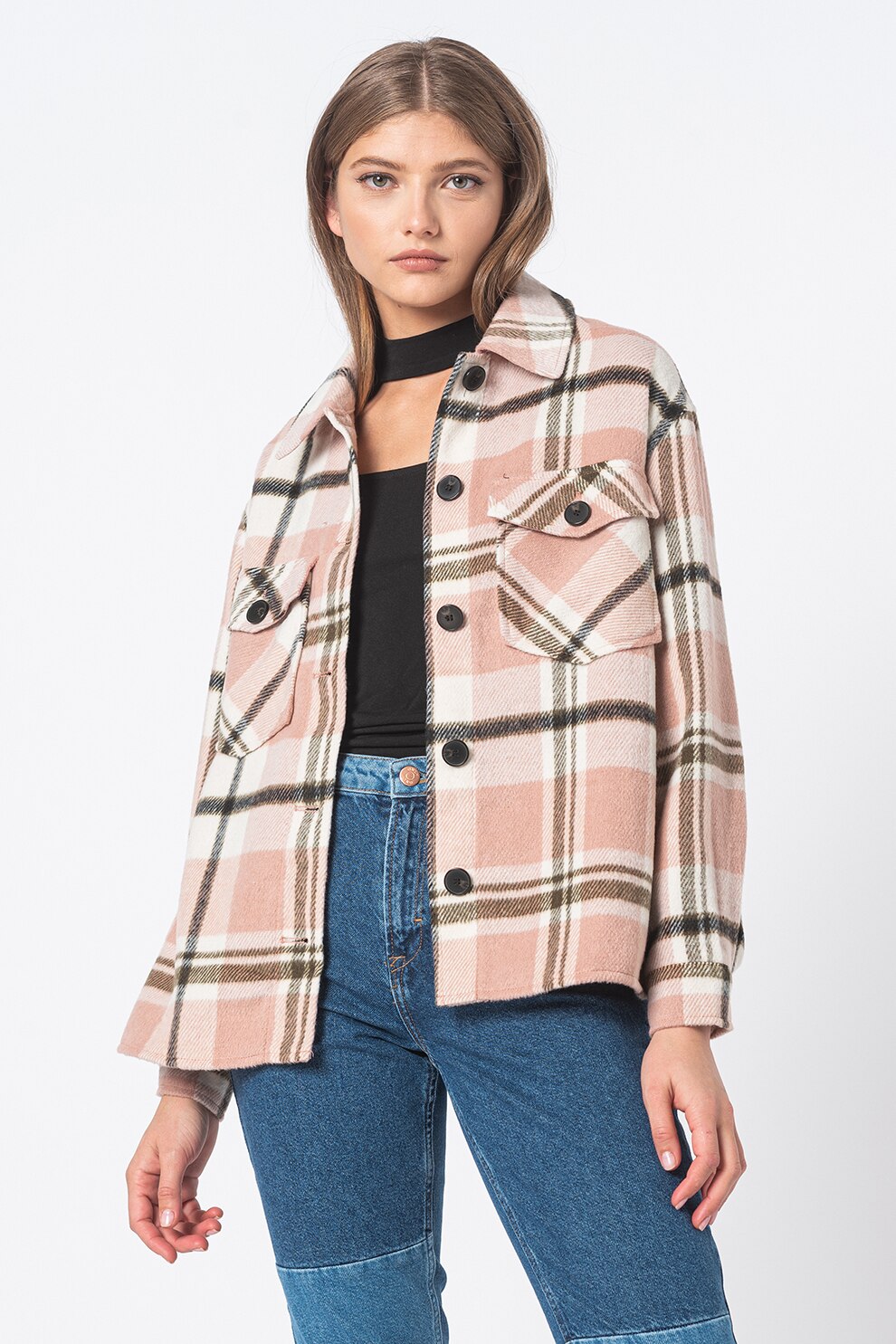 Vero Moda, Jacheta-camasa in carouri cu buzunare aplicate, Roz/Alb prafuit/Verde militar