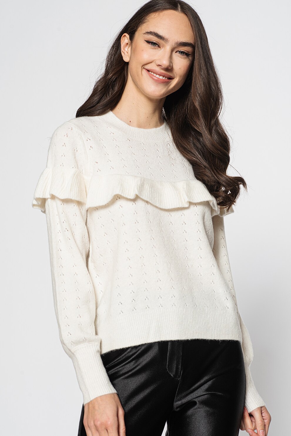 Vero Moda, Pulover cu detalii pointelle si volane Merelyn, Alb prafuit