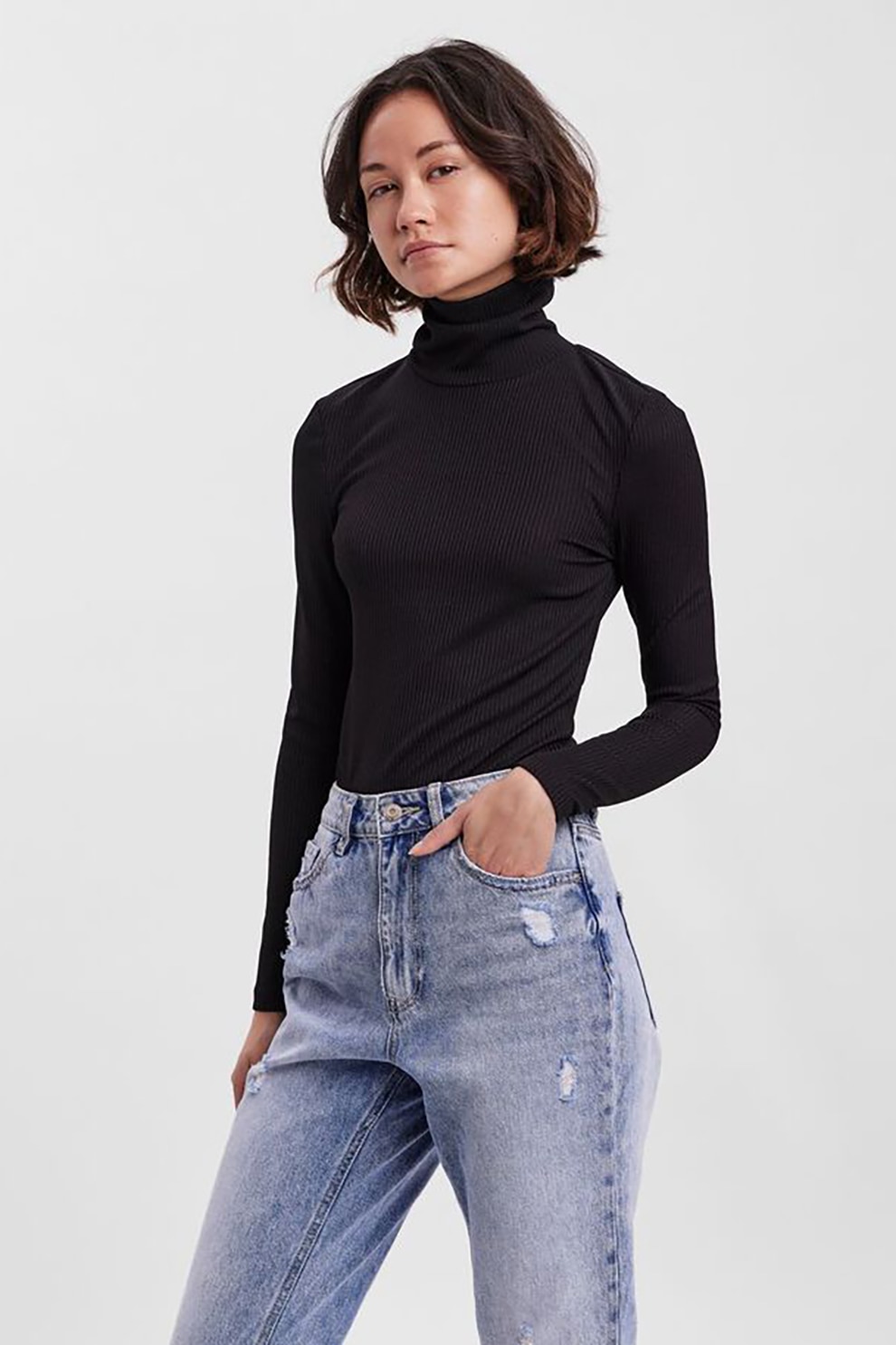 Vero Moda, Body cu guler inalt si aspect striat, Negru