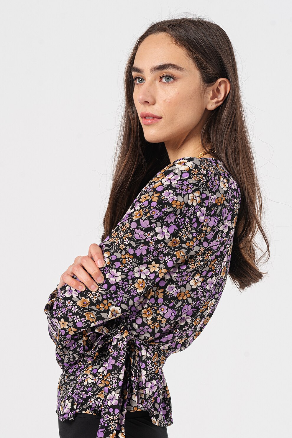 Vero Moda, Bluza petrecuta cu imprimeu Misa, Negru/Violet ametist