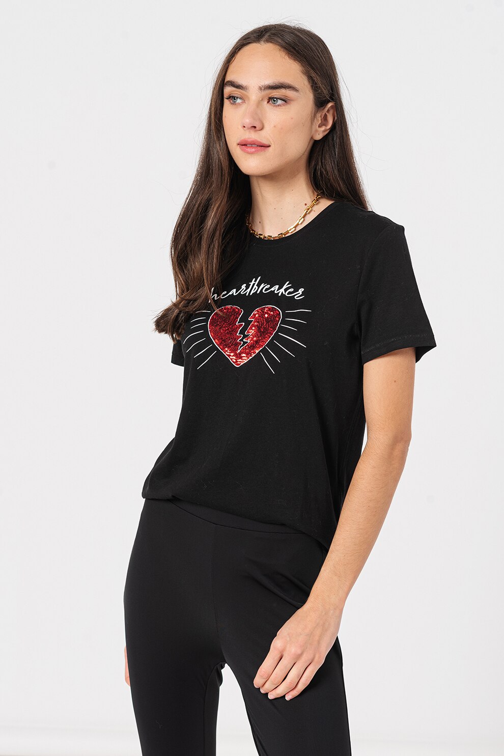Only, Tricou cu imprimeu si paiete Kita, Negru