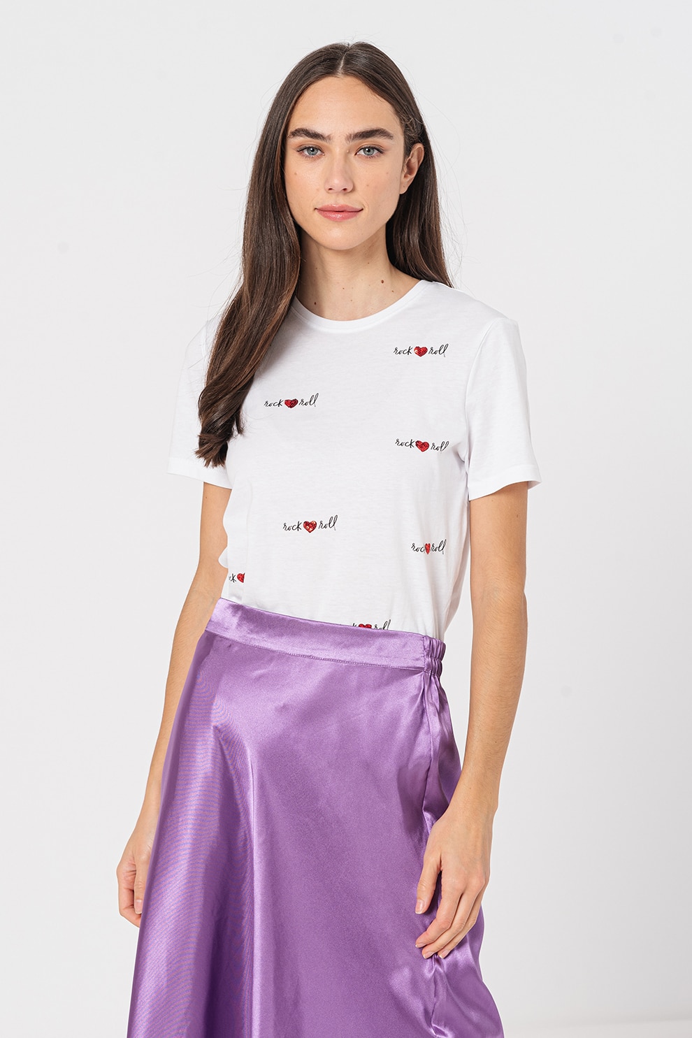 Only, Tricou cu imprimeu si paiete Kita, Alb optic