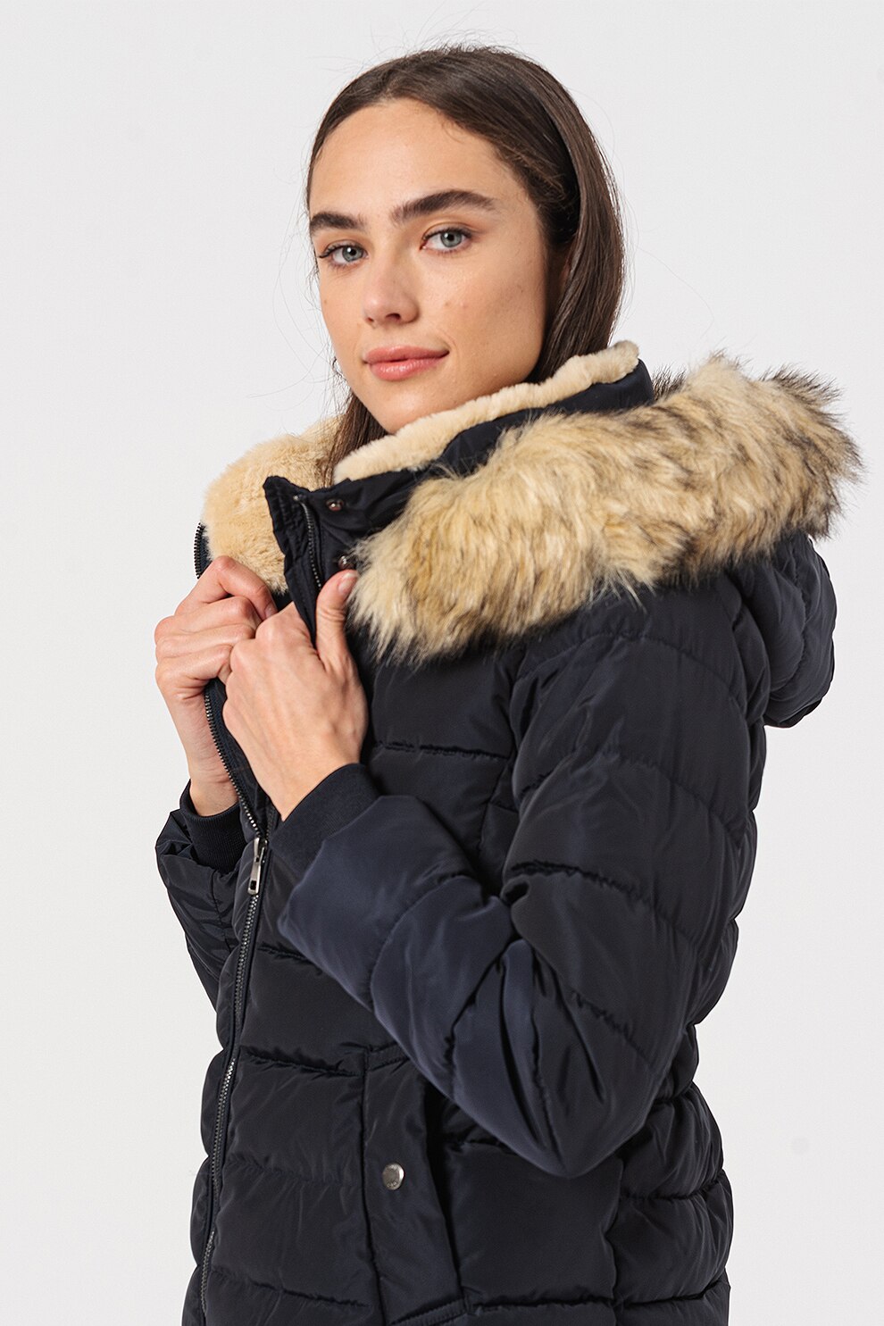 Only, Geaca cu vatelina, gluga si garnitura de blana sintetica Camilla, Bleumarin inchis