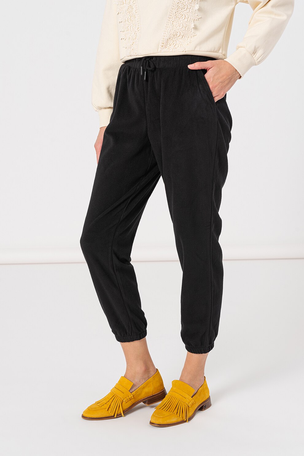 Only, Pantaloni sport din fleece cu cordon in talie Karoi, Negru