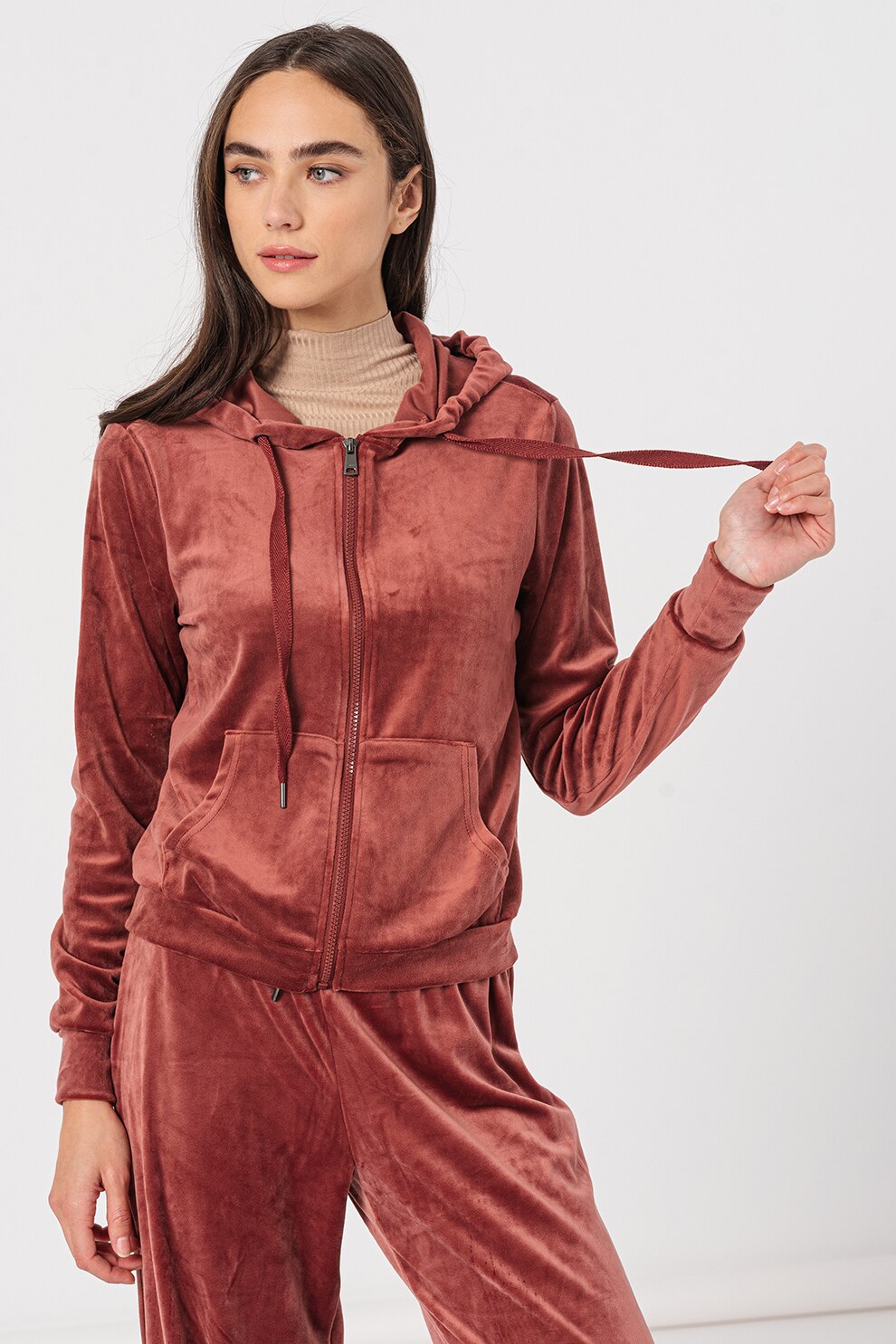 Only, Hanorac cu fermoar si aspect catifelat Rebel, Rosu stins