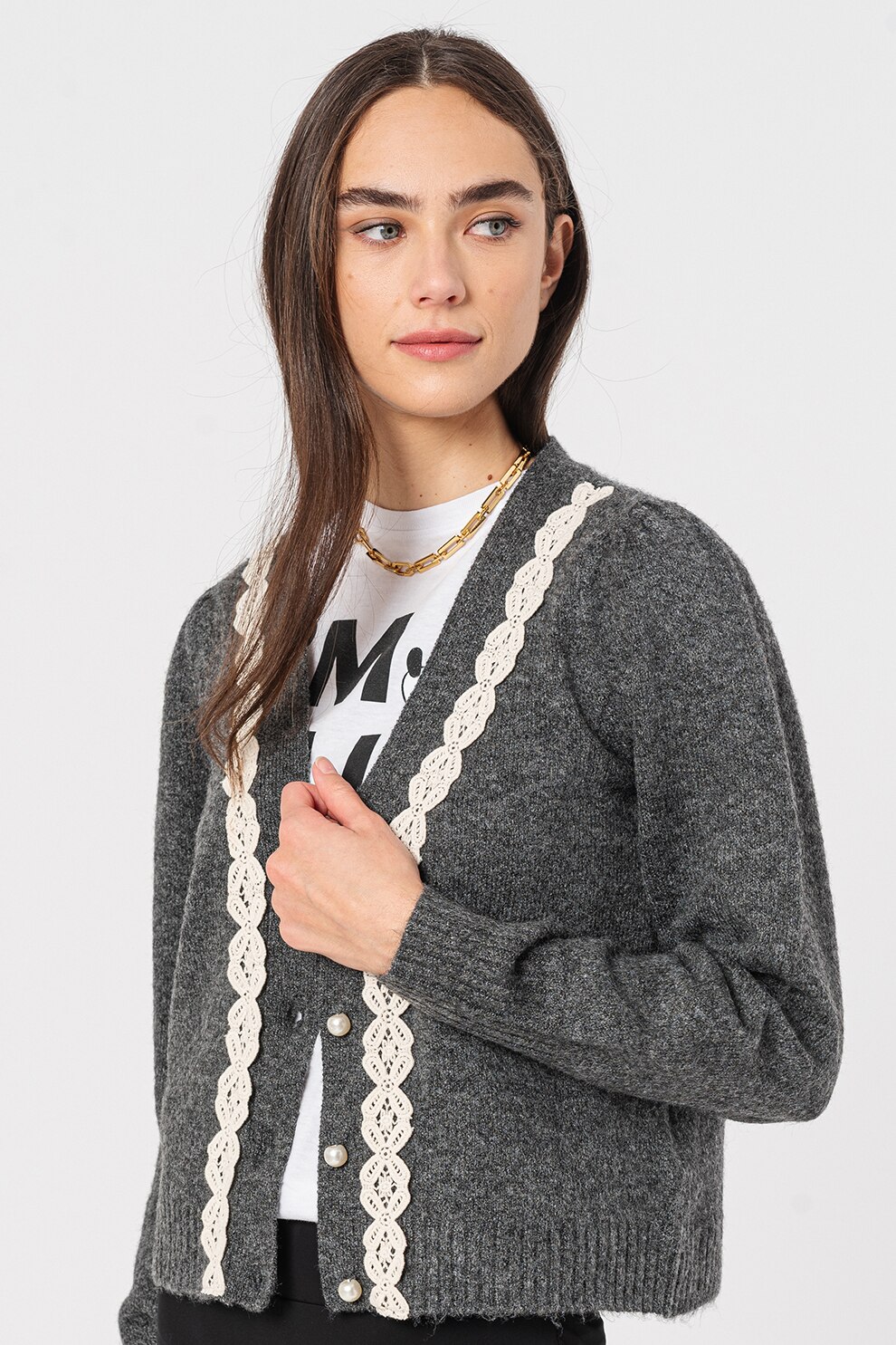 JdY, Cardigan cu decolteu in V si aplicatie brodata Clair, Gri inchis melange