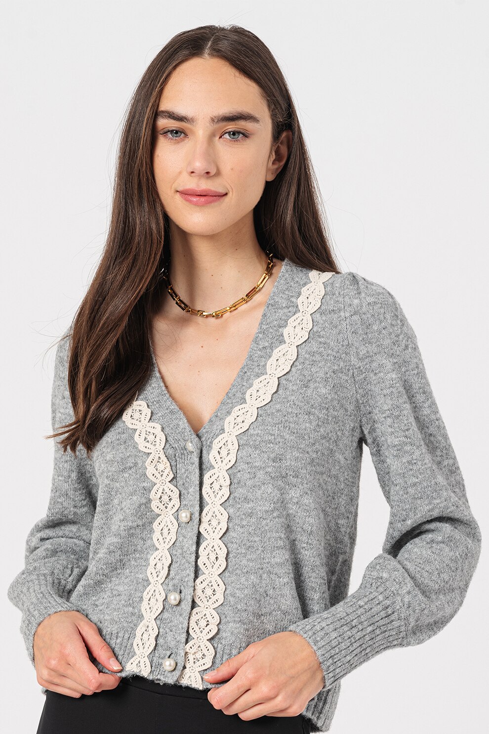 JdY, Cardigan cu decolteu in V si aplicatie brodata Clair, Gri melange