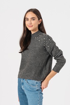 JdY, Pulover cu maneci cazute si margele la nivelul umerilor Ziza, Gri inchis melange JdY, Pulover cu maneci cazute si margele la nivelul umerilor Ziza, Gri inchis melange