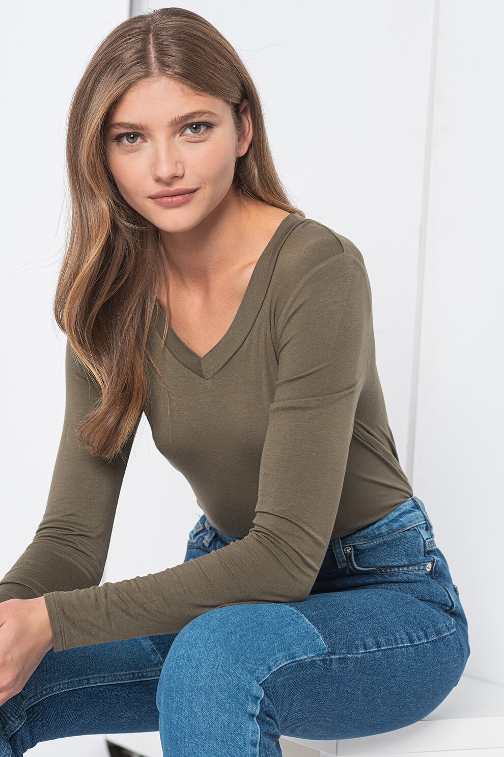 JdY, Bluza cu decolteu in V Sandy, Verde sparanghel, XS