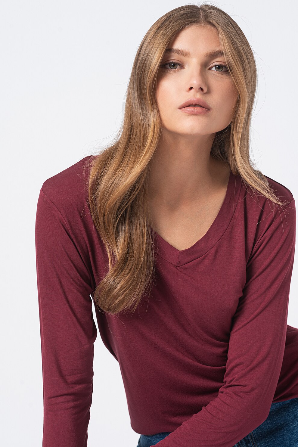 JdY, Bluza cu decolteu in V Sandy, Visiniu, XS