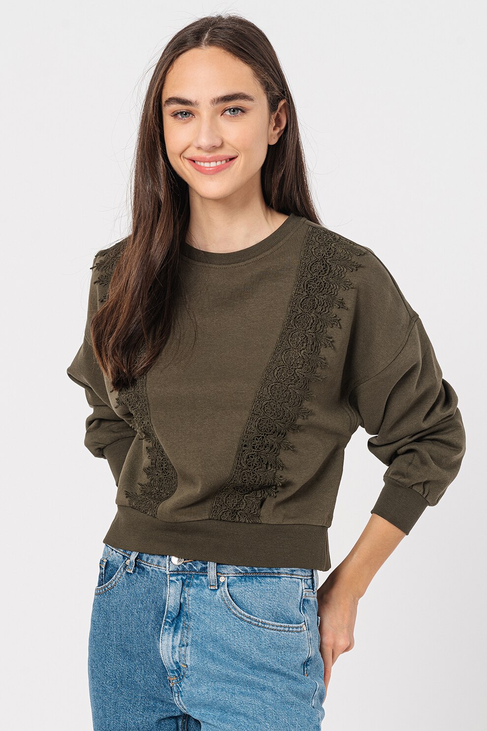 JdY, Bluza sport cu detalii de dantela Tikka, Verde militar