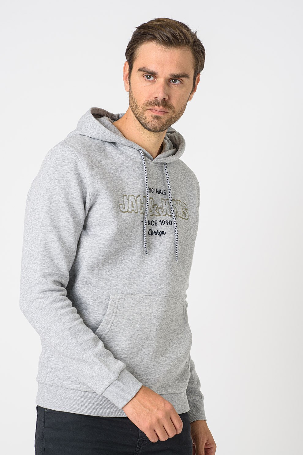 Jack&Jones, Hanorac cu imprimeu logo Surface, Gri deschis melange