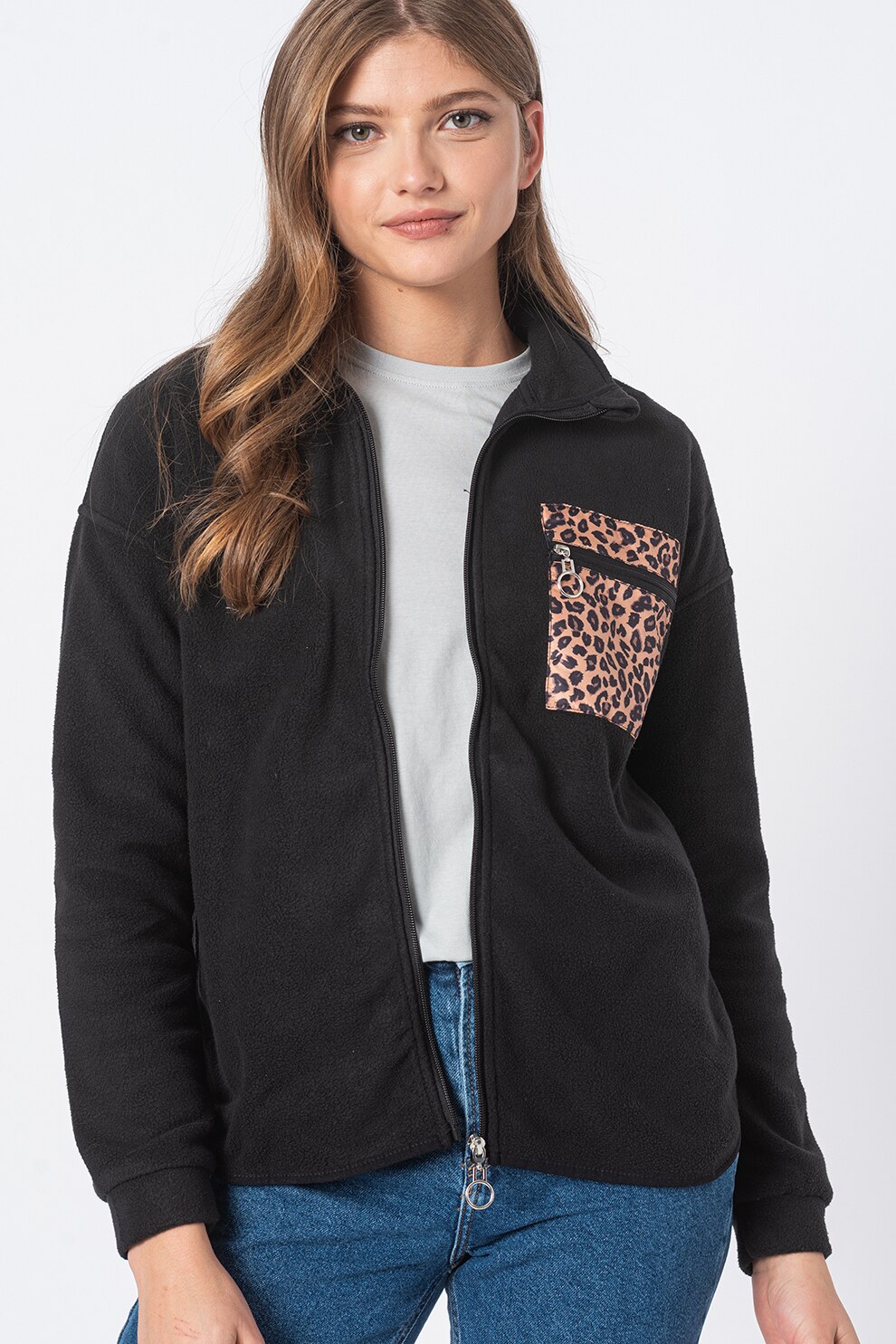 Only Play, Jacheta din fleece cu maneci cazute Septi, Negru/Maro camel, M