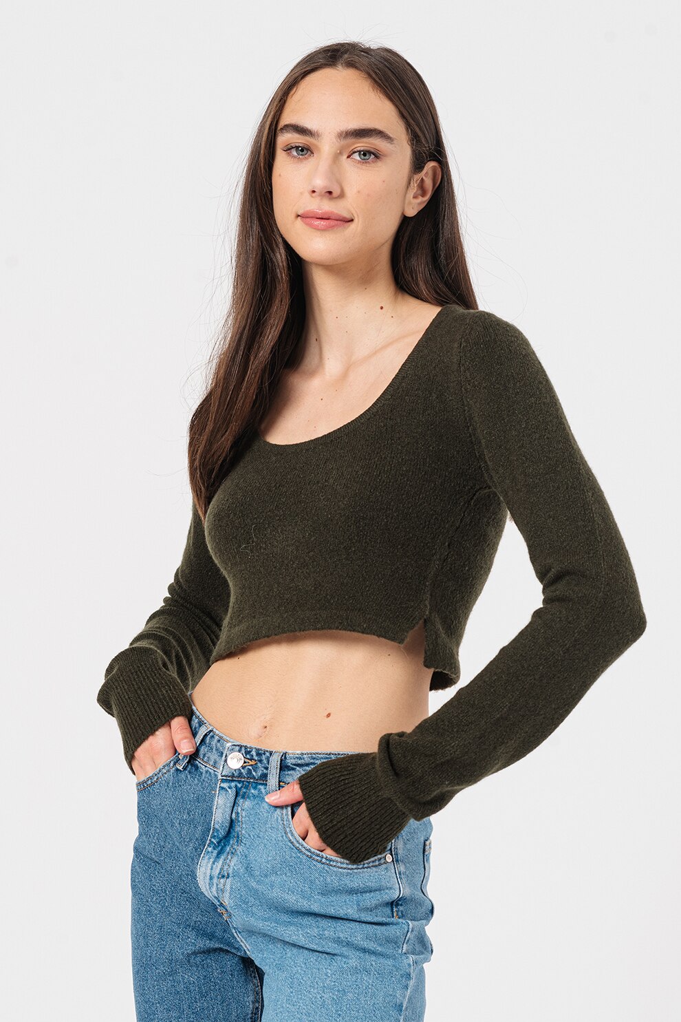 Noisy May, Pulover crop cu decolteu rotund, Verde inchis
