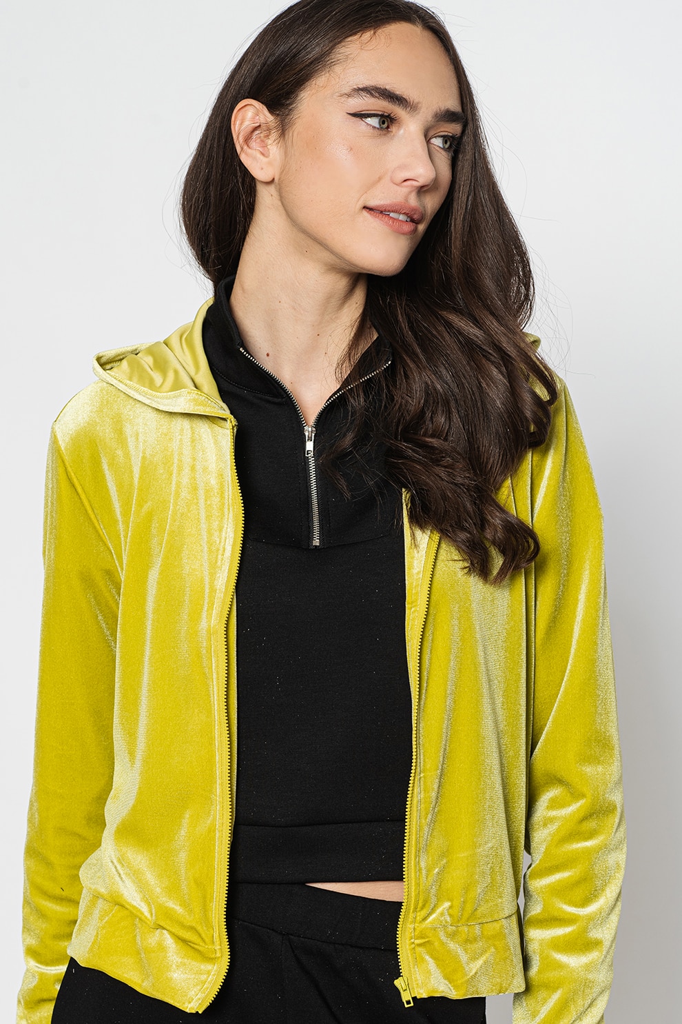 Vero Moda, Hanorac cu fermoar si aspect de catifea Dana, Verde lime