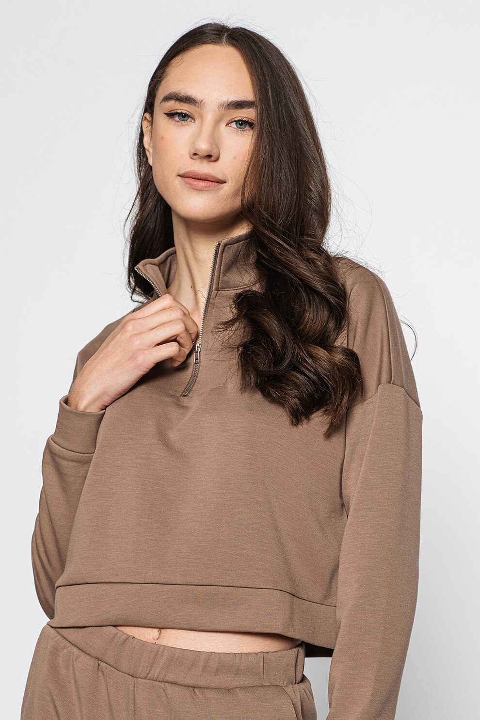 Vero Moda, Bluza sport crop cu maneci cazute, Taupe