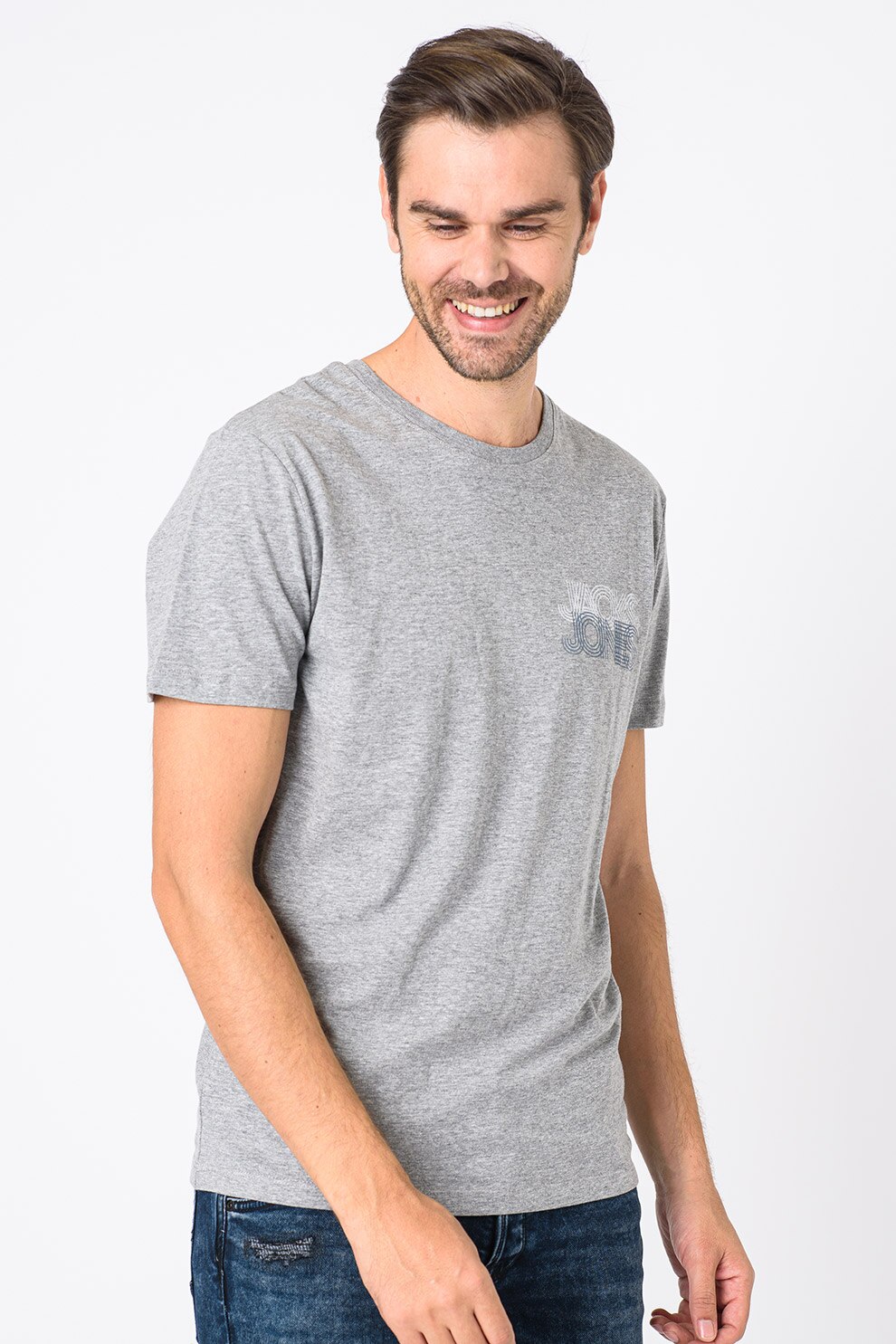 Jack&Jones, Tricou cu decolteu la baza gatului si logo pe piept Power, Gri melange
