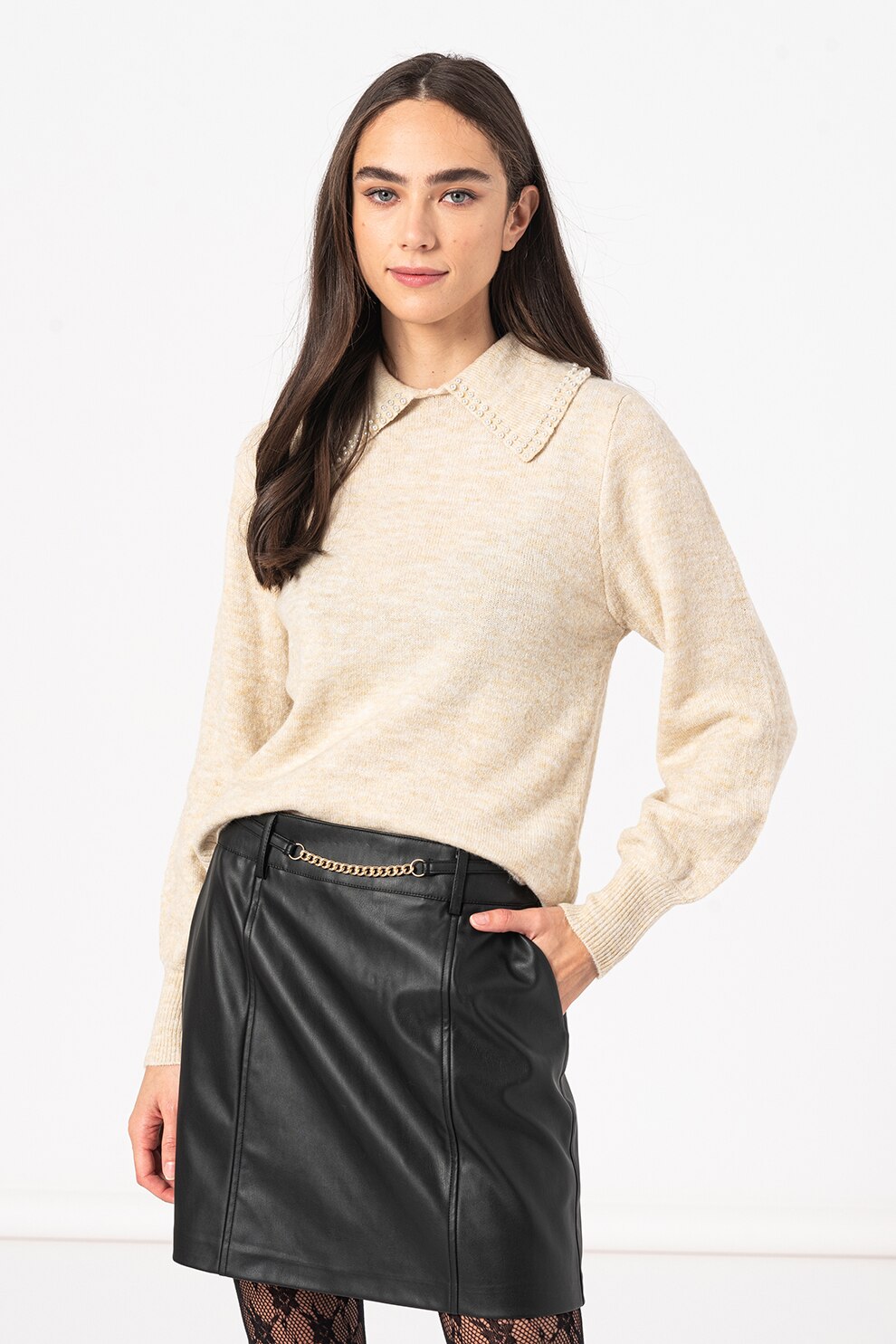 JdY, Pulover cu guler supradimensionat si aplicatii cu margele Aubray, Bej