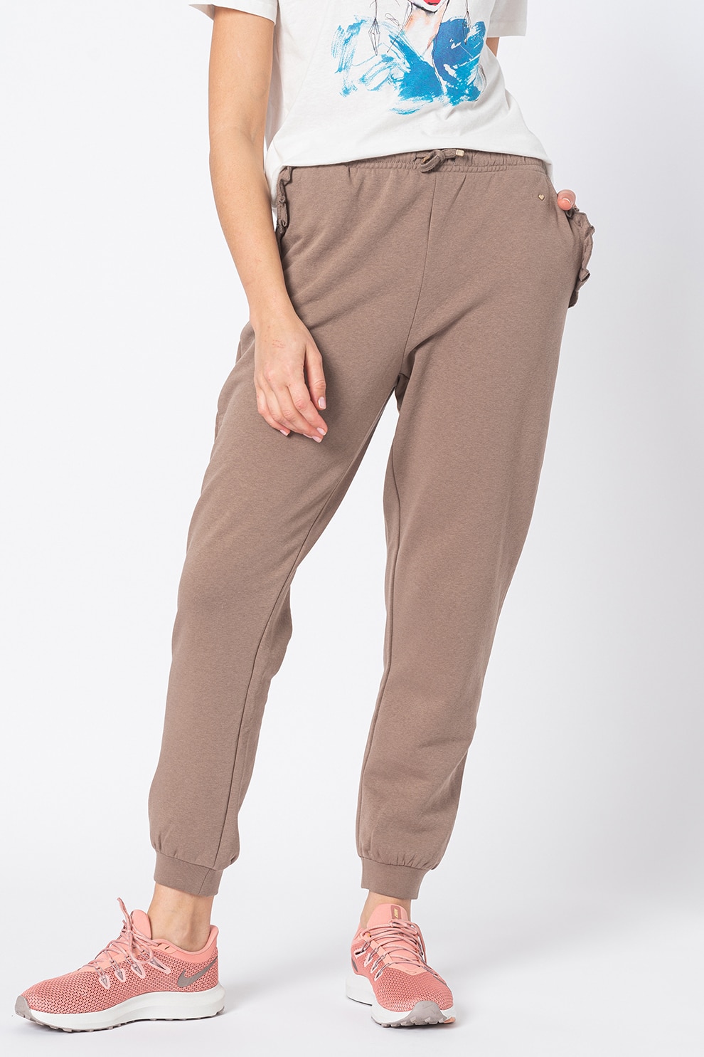 Only, Pantaloni sport cu buzunar cu volane Feel Life, Maro camel