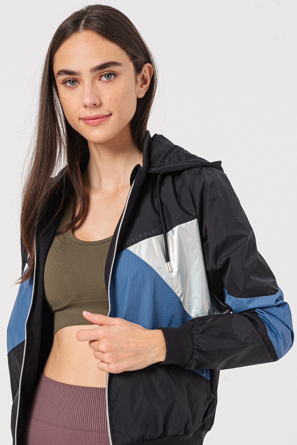 Only Play, Jacheta cu fermoar si gluga Agata, Negru/Albastru/Argintiu, XS