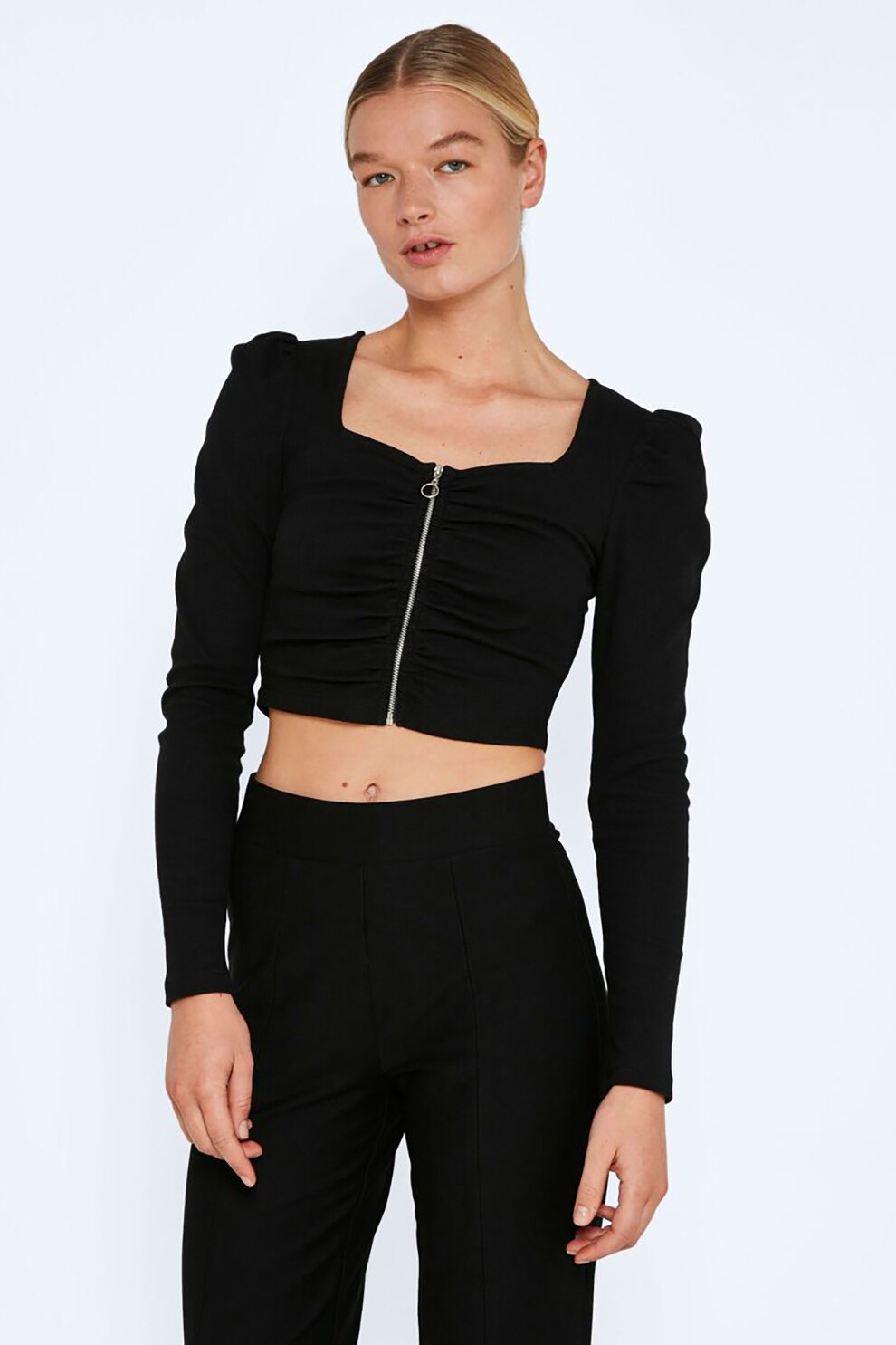 Noisy May, Bluza crop cu maneci bufante, Negru, L
