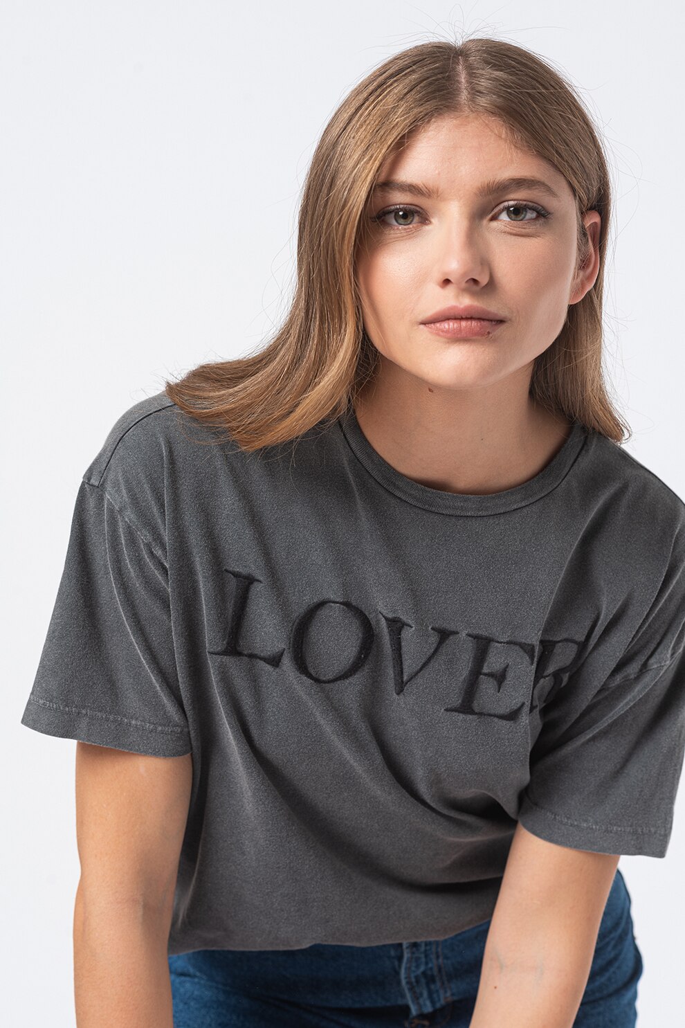Vero Moda, Tricou lejer cu maneci cazute si text in relief, Gri cenusa