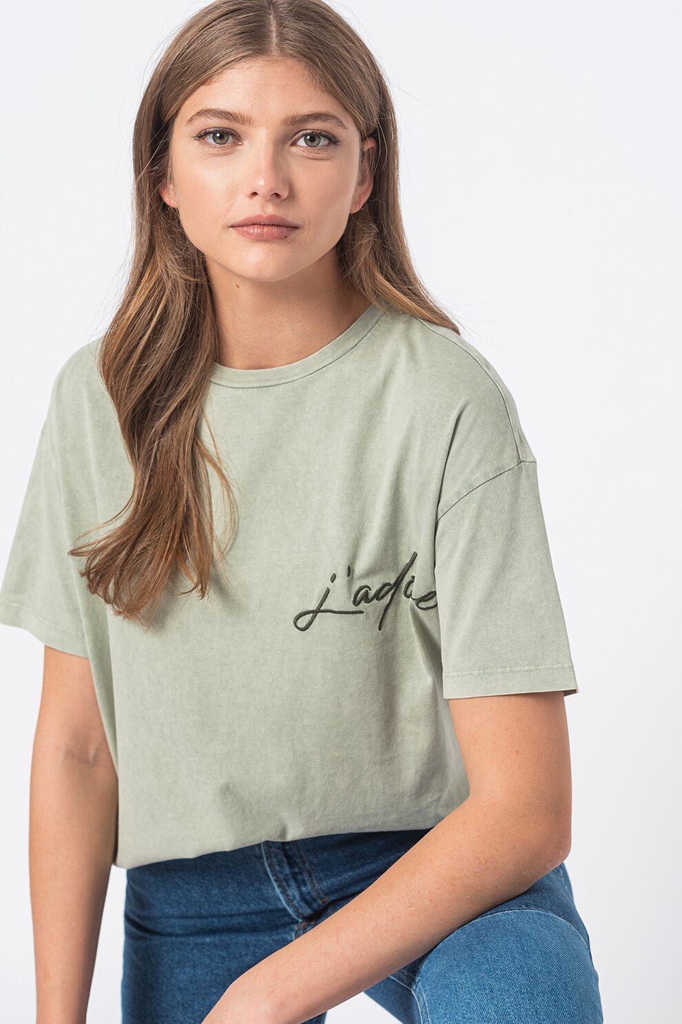 Vero Moda, Tricou lejer cu maneci cazute si text in relief, Verde menta