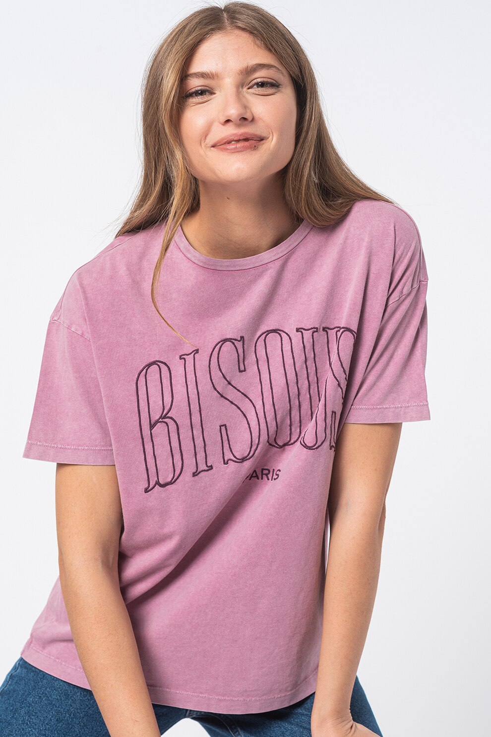 Vero Moda, Tricou lejer cu maneci cazute si text in relief, Roz