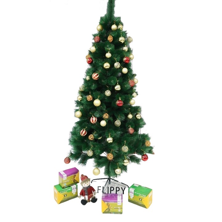 Комплект изкуствена елха и декоративни елементи тип бор Flippy, модел 1, височина 210 см, диаметър 115 см, 350 клона с 3D иглички 12 см, зелен, включена метална поставка