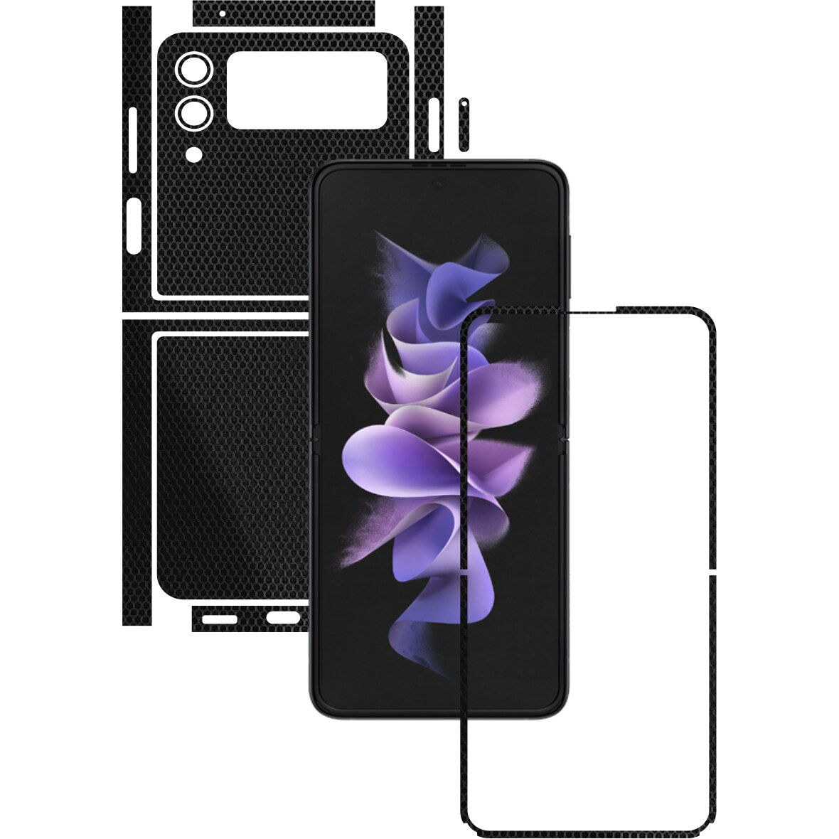 Folie Protectie Carbon Skinz pentru Samsung Galaxy Z Flip3 5G - Matrix Negru Black Split Cut, Skin Adeziv Full Body Cover pentru Rama Ecran, Carcasa Spate si Laterale