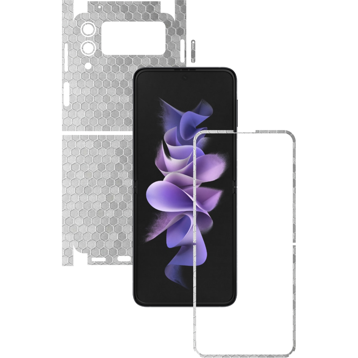 Folie Protectie Carbon Skinz pentru Samsung Galaxy Z Flip3 5G - Honeycomb Argintiu Silver 360 Cut, Skin Adeziv Full Body Cover pentru Rama Ecran, Carcasa Spate si Laterale