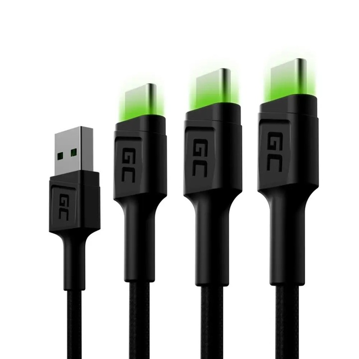 Cablu Date si Incarcare Green Cell Set 3x Ray USB-C 120cm Cable Green LED Backlight Fast Charging Ultra Charge QC 3.0 Negru