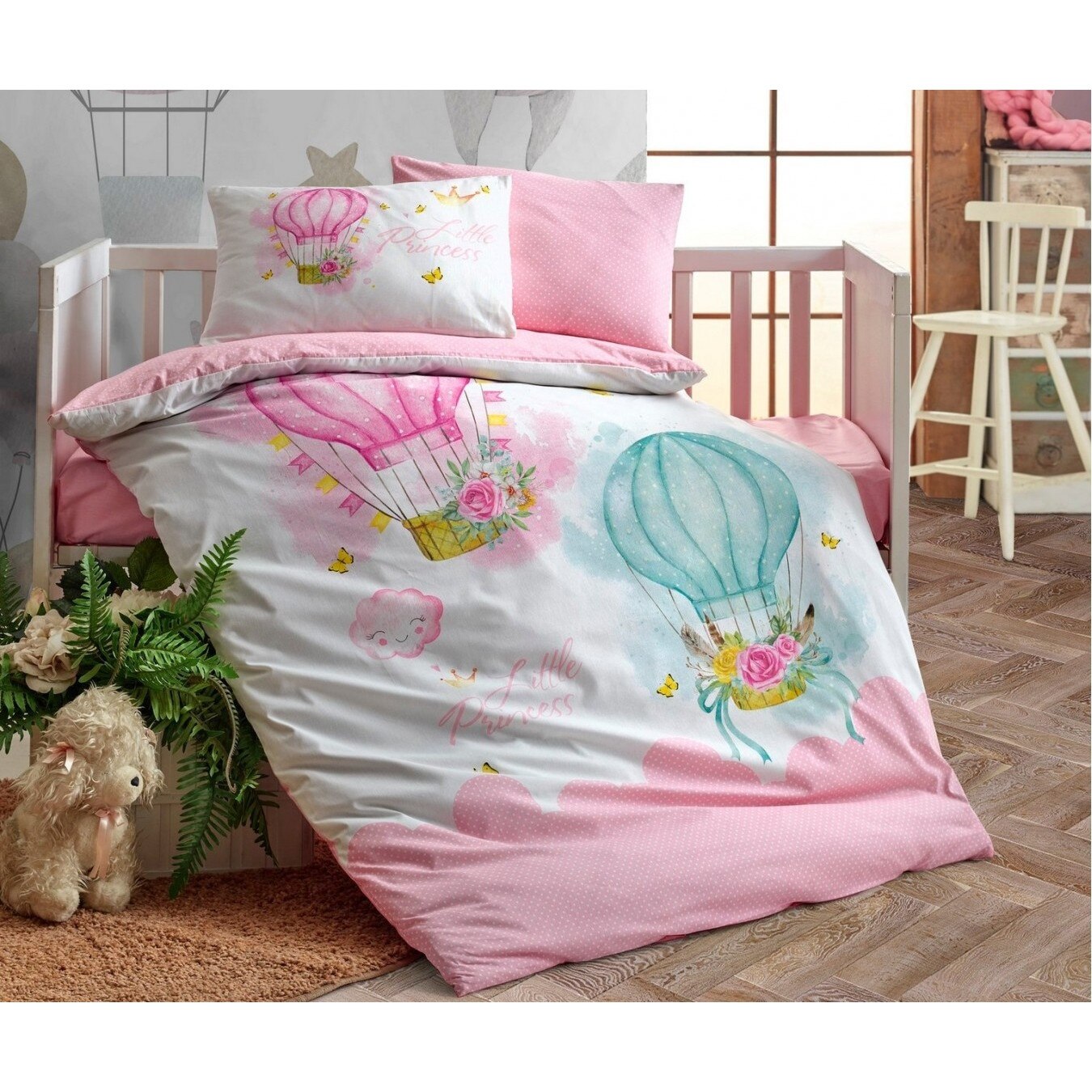 Set Lenjerie de pat pentru bebe Little Princess Pembe, Cotton Box, 4 piese, bumbac ranforce, multicolor