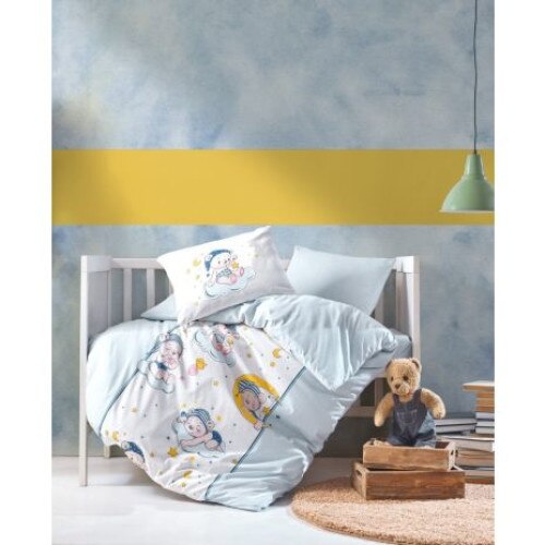 Set Lenjerie de pat pentru bebe Bear Mavi, Cotton Box, 4 piese, bumbac ranforce, multicolor
