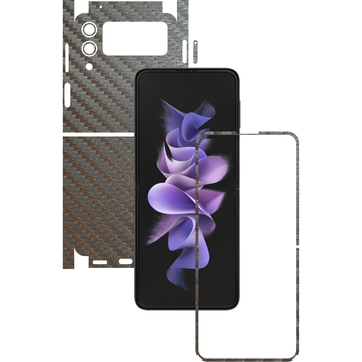 Folie Protectie Carbon Skinz pentru Samsung Galaxy Z Flip3 5G - Carbon Gri Argintiu 360 Cut, Skin Adeziv Full Body Cover pentru Rama Ecran, Carcasa Spate si Laterale