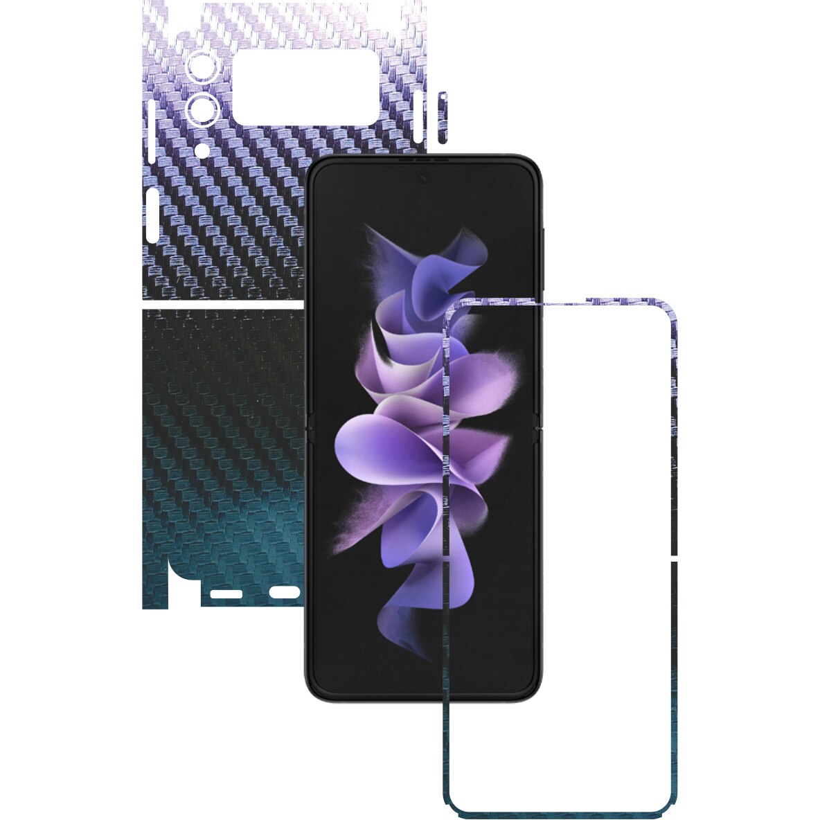 Folie Protectie Carbon Skinz pentru Samsung Galaxy Z Flip3 5G - Carbon Cameleon 360 Cut, Skin Adeziv Full Body Cover pentru Rama Ecran, Carcasa Spate si Laterale